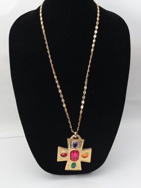 Vintage  Runway 80s Cross Faux Multi Stone Long Gold Tone Big Necklace